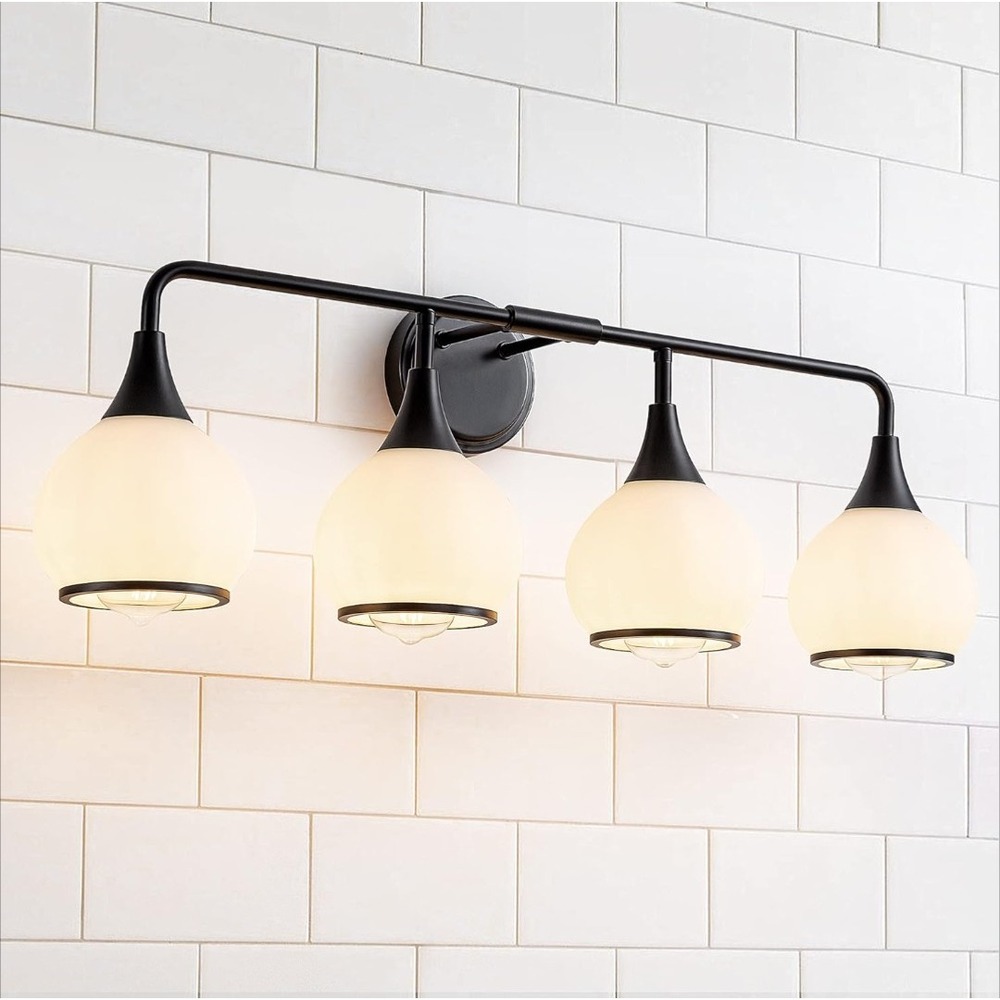 Hahzt Black Bathroom Light Fixture 4 Lights Vanity Lights Milky White Frosted